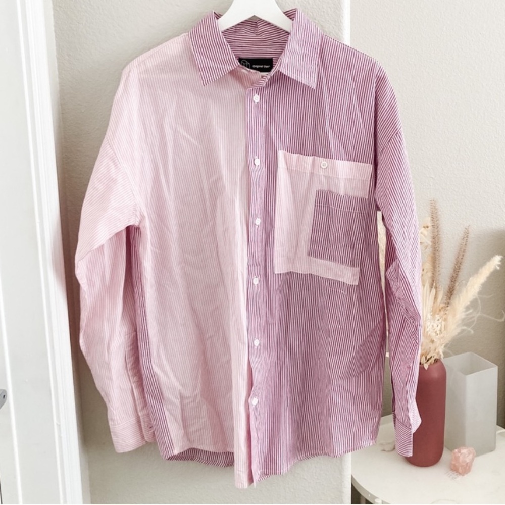 Original Use 100% cotton Colorblock Retro Oversized Pink Stripe Button-Down